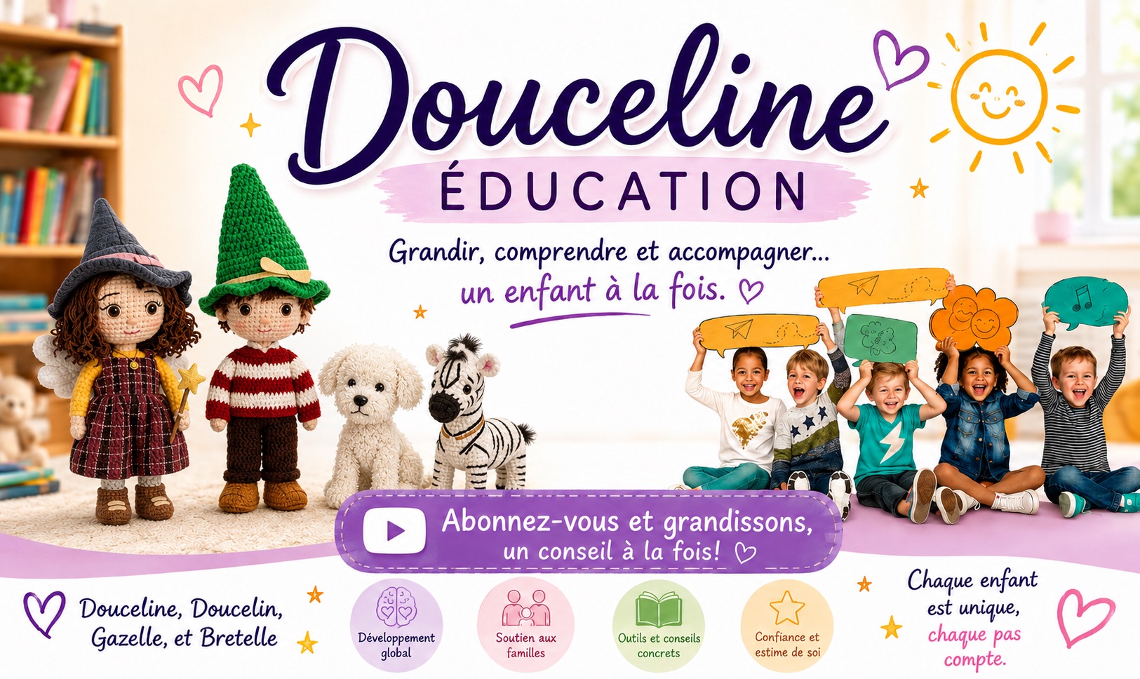 Bannière Douceline Éducation avec les personnages Douceline, Doucelin, Gazelle et Bretelle