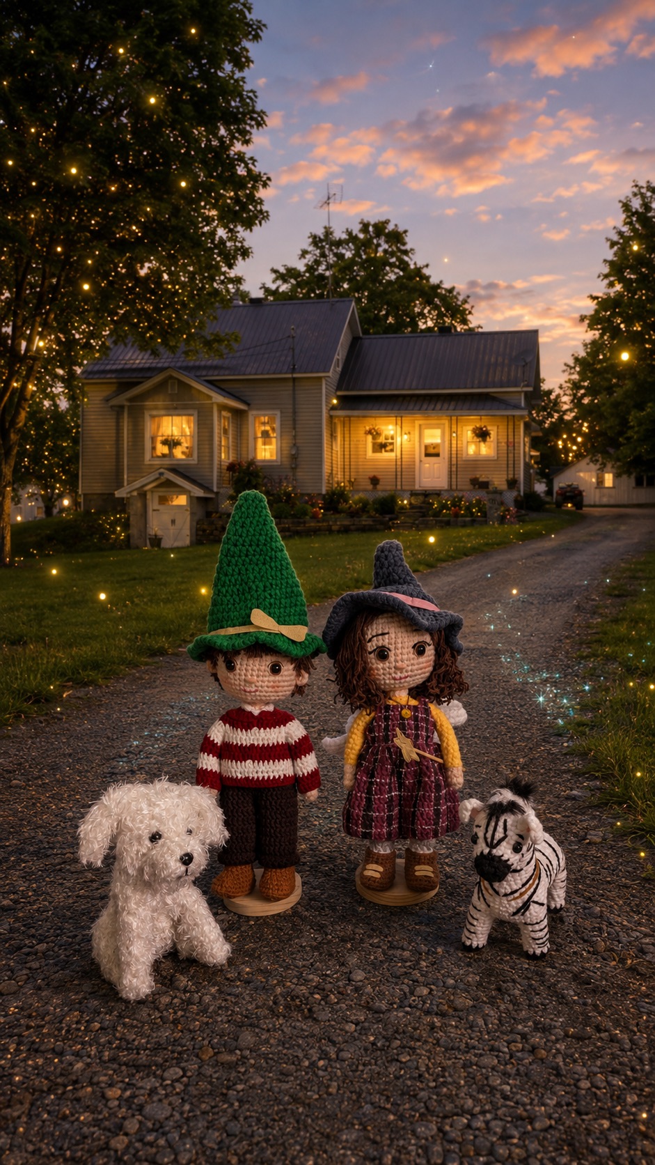 Douceline et Doucelin avec Gazelle et Bretelle devant une maison, au crépuscule