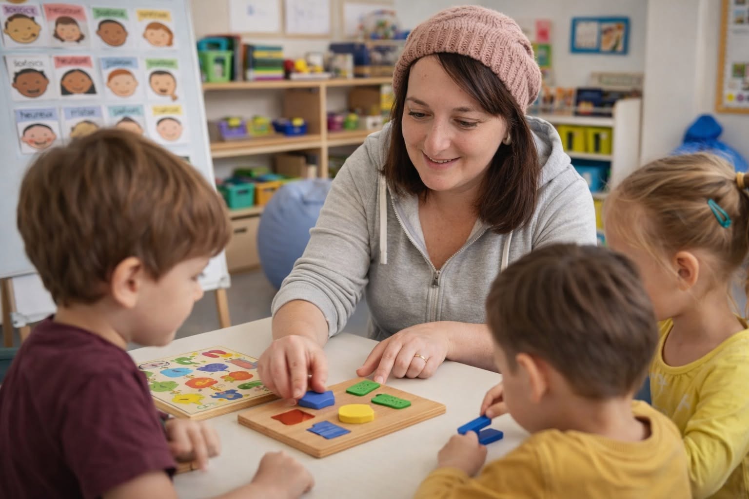 Sandra Côté avec des enfants, en séance de stimulation précoce